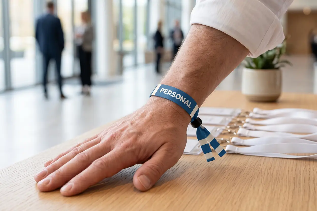 Hånd på registreringsskranken med et blåt stofarmbånd, PERSONAL, ved siden af navneskilte