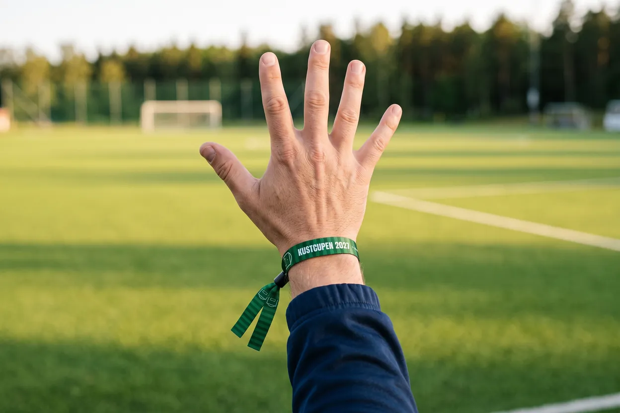 Erhobene Hand vor einem leeren Fußballplatz mit grünem Einlassband aus Stoff, KUSTCUPEN 2027, mit Spielfeldmarkierungen und schwarzem Verschluss