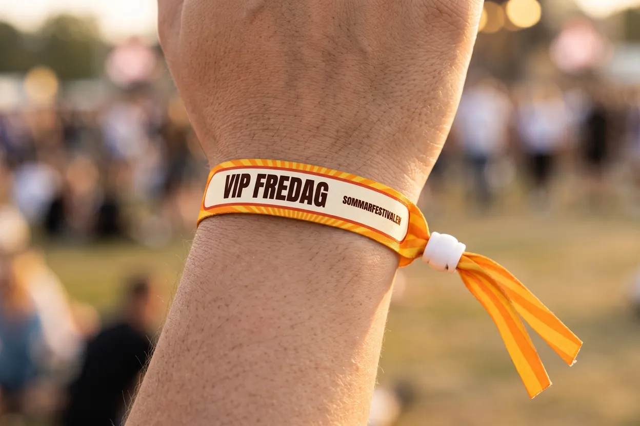 Närbild av ett orange tygband med solstrålar, VIP FREDAG och vit knopp på en handled