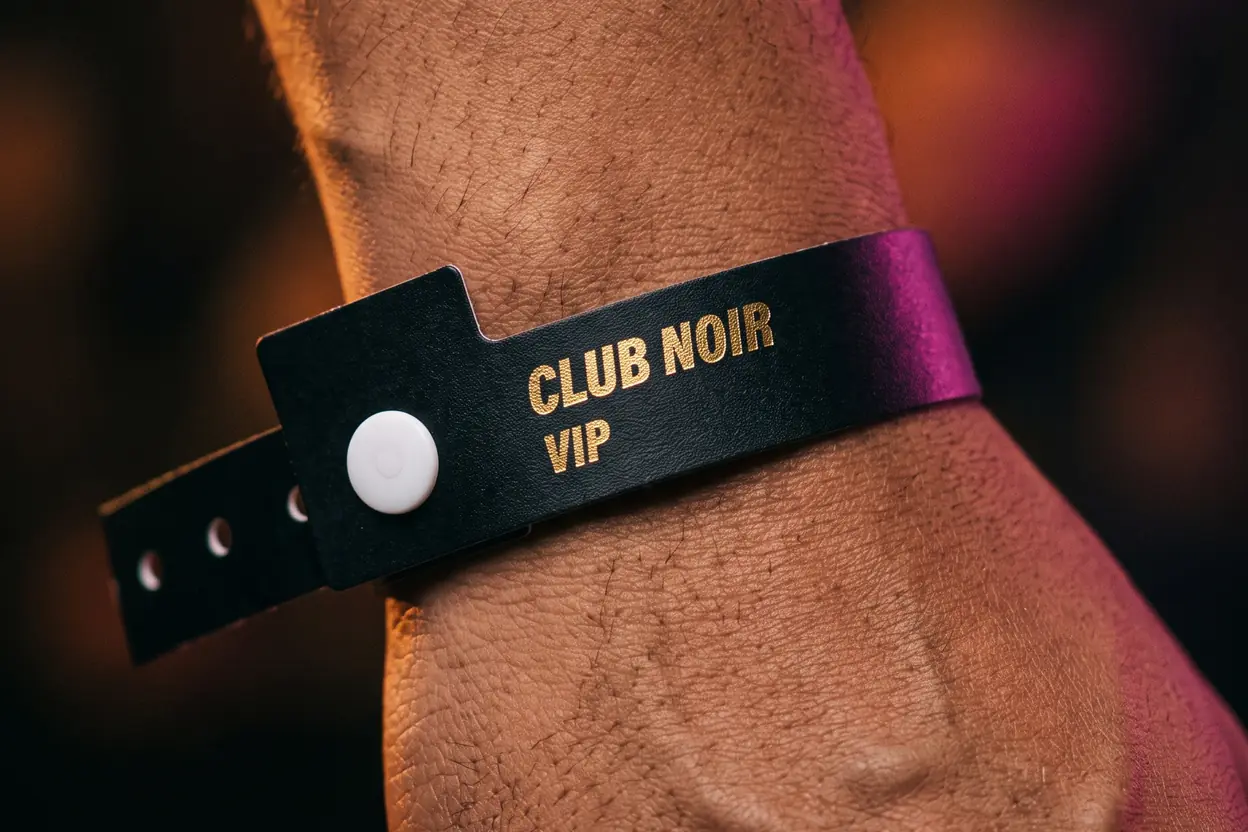 Gros plan sur un bracelet vinyle noir imprimé en or, CLUB NOIR VIP, avec fermeture à pression blanche au poignet